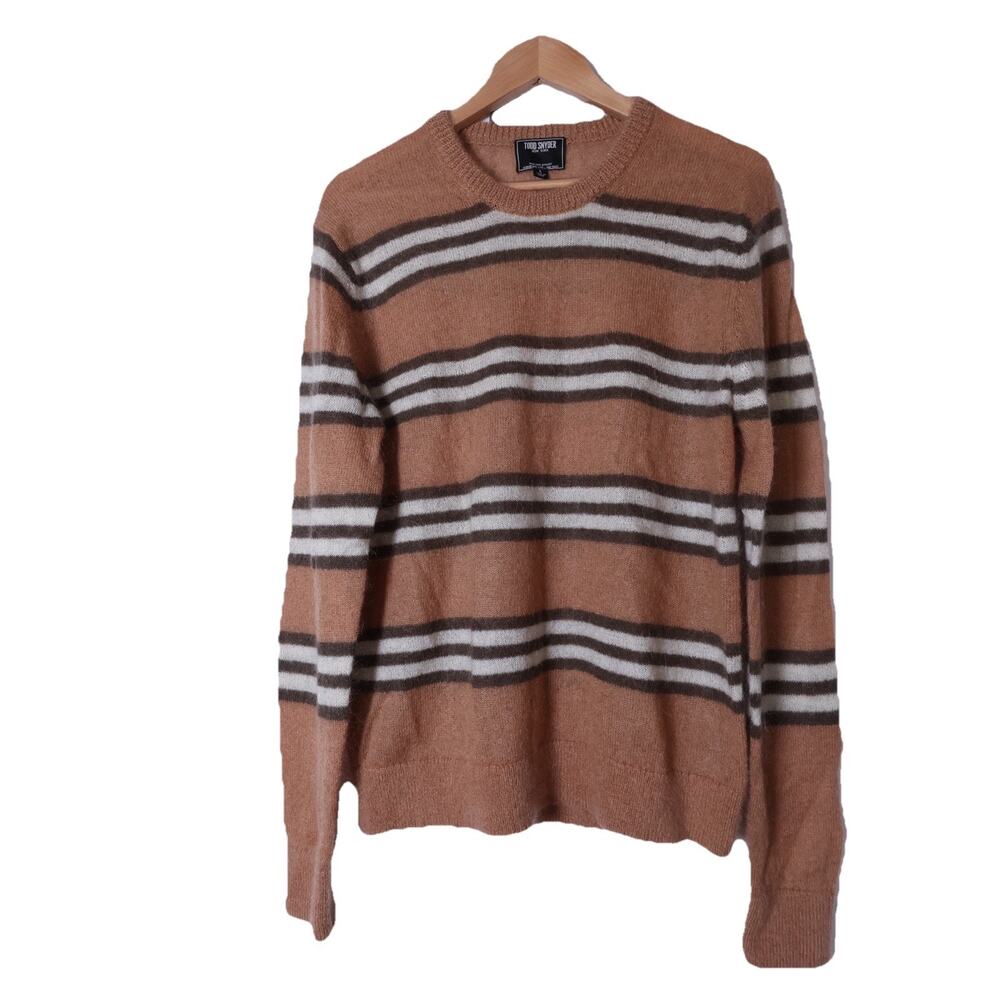 Todd Snyder Italian Mohair Striped Crewneck in Camel/Brown/Cream Size L